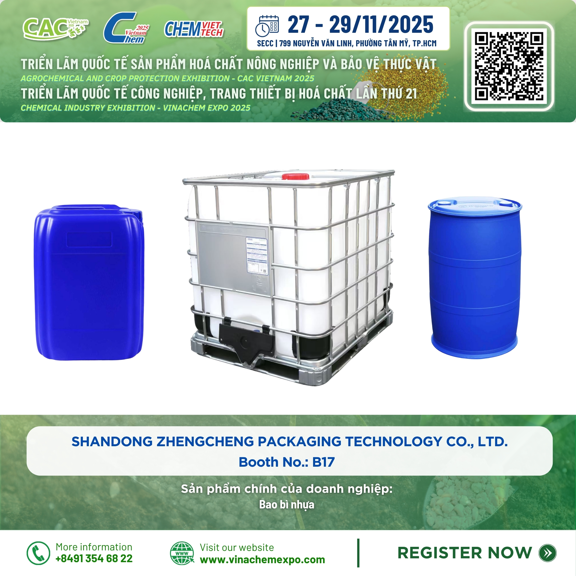 Shandong Zhengcheng Packaging – bao bì nhựa công nghiệp, phuy 200L và bồn IBC 1000L tại Booth B17